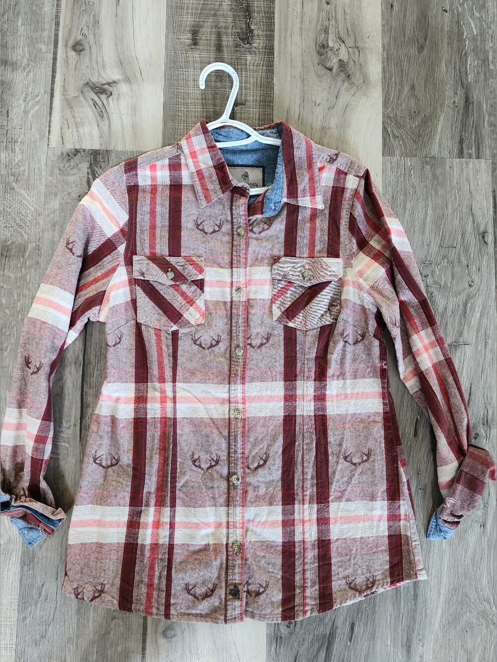 Women’s Red Plaid Button-Up Shirt Jacket with Antler Print